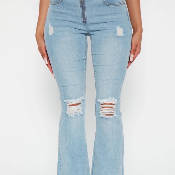 Fashion Nova Britney Low Rise Ripped Flared Jeans - Light Blue Wash - Picture 1 of 3